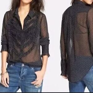 Free People Sheer Black White Polka Dot
Ruffle Front
Tuxedo Blouse Size X SMALL